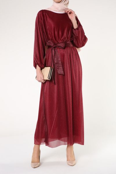 Belted Elastic Waist Hijab Evening Dress