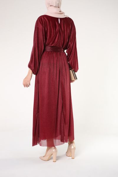 Belted Elastic Waist Hijab Evening Dress
