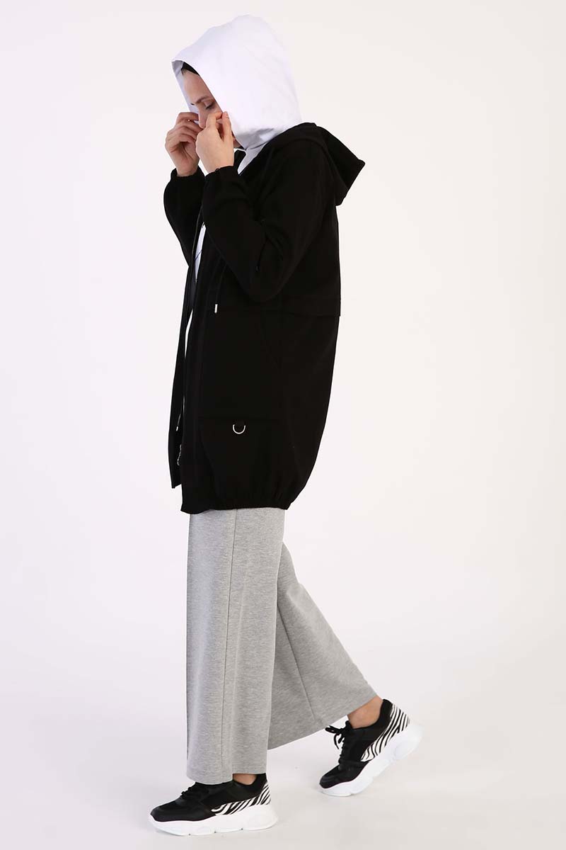 Hooded Zipper and Pocket Detailed Long Cape Jacket