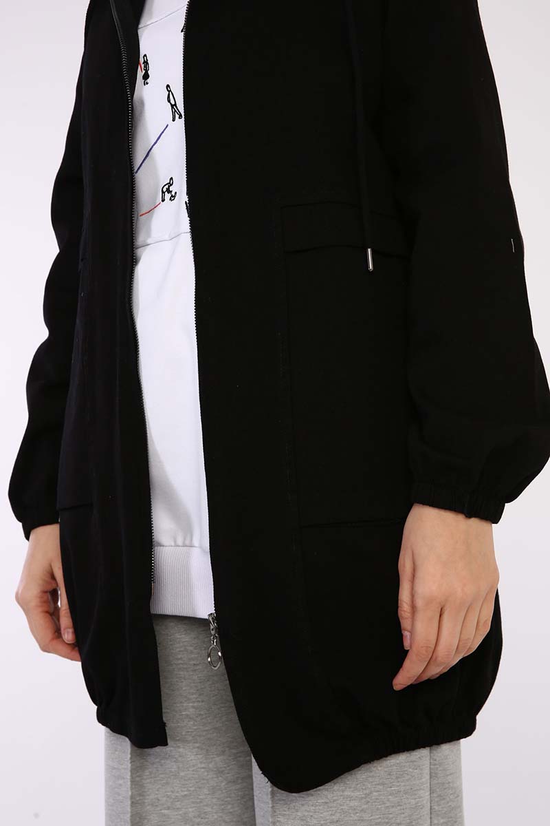 Hooded Zipper and Pocket Detailed Long Cape Jacket