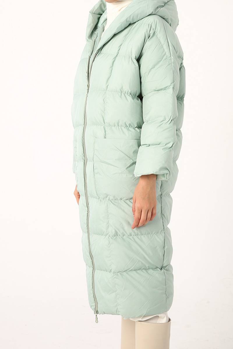 Quilted Zipper Front Hooded Over Coat