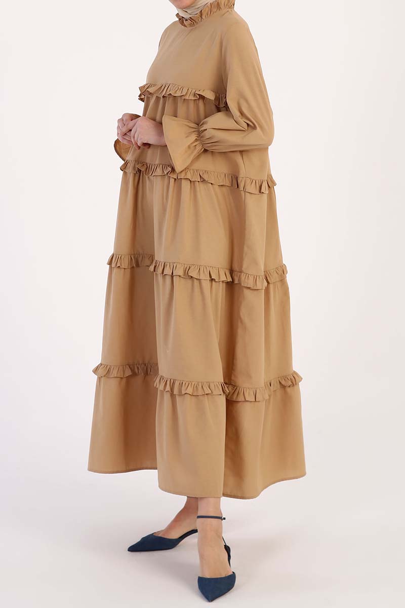 Ruffle Detailed Poet Sleeve A-Line Dress