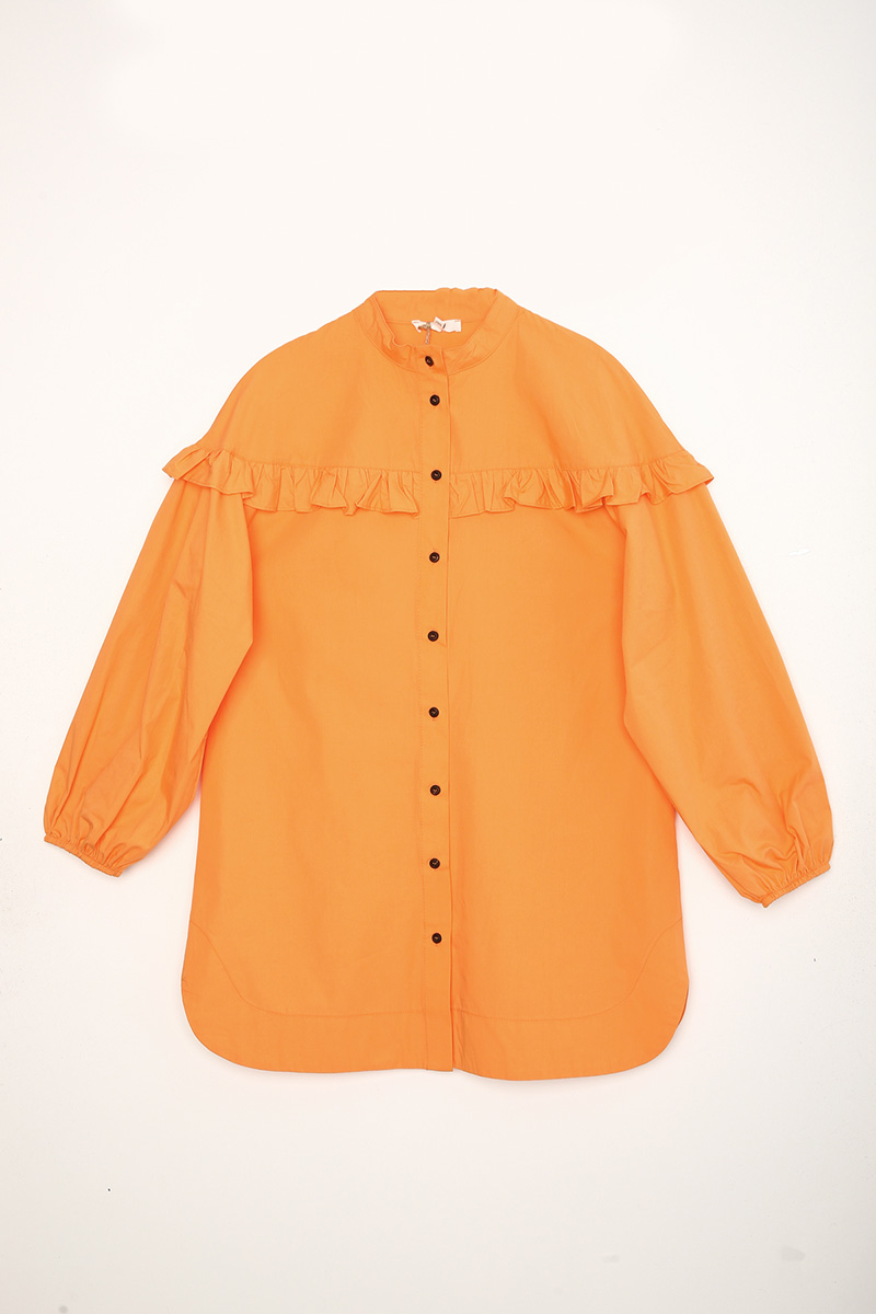 100% Cotton Mandarin Collar Ruffled Tunic