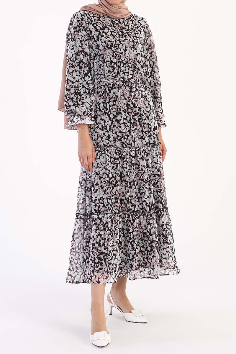 Ruffled A-line Crew Neck Patterned Dress