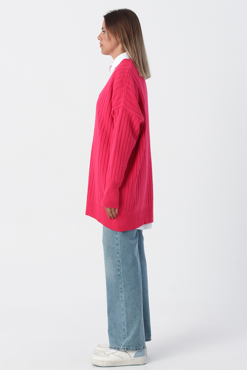 Ribbed Knitted V-Neck Oversize Tunic
