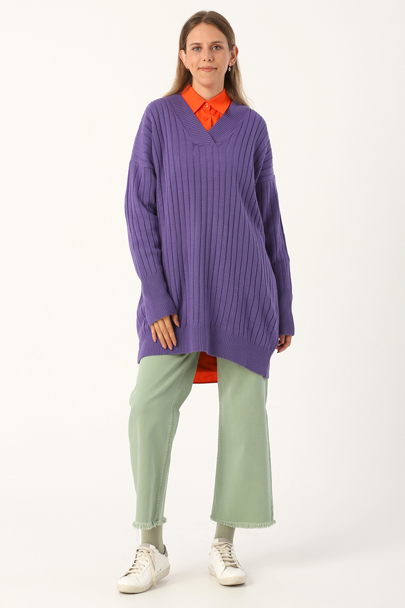 Ribbed Knitted V-Neck Oversize Tunic