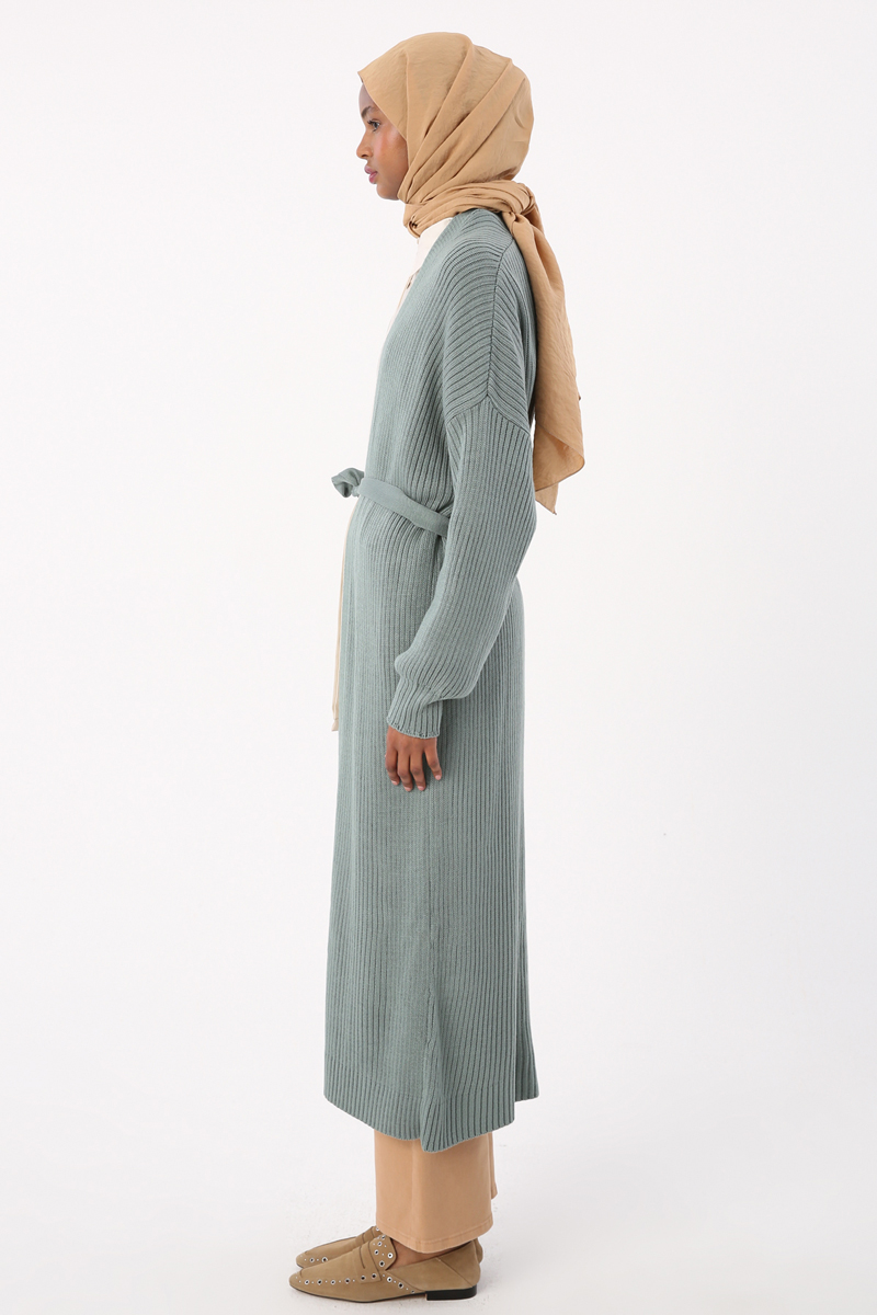 Long Knitwear Cardigan with Ribbed Belted