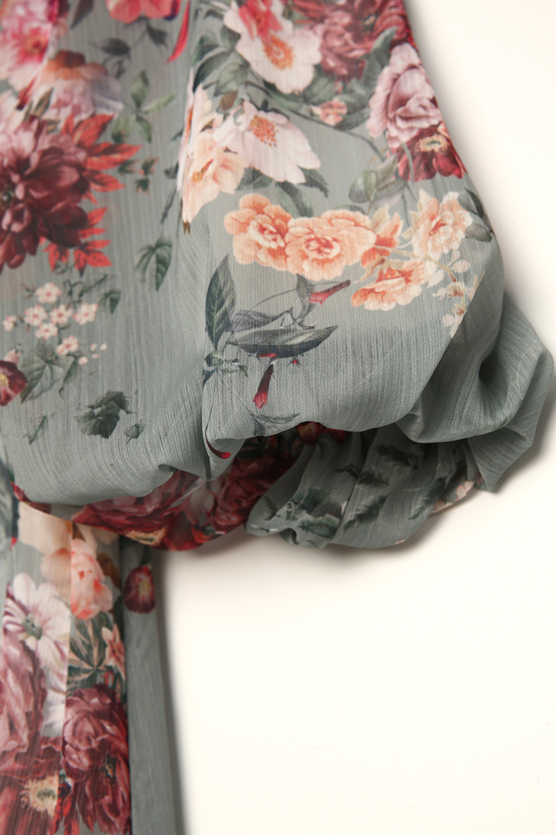 Floral Desenli Balon Kol Şifon Elbise