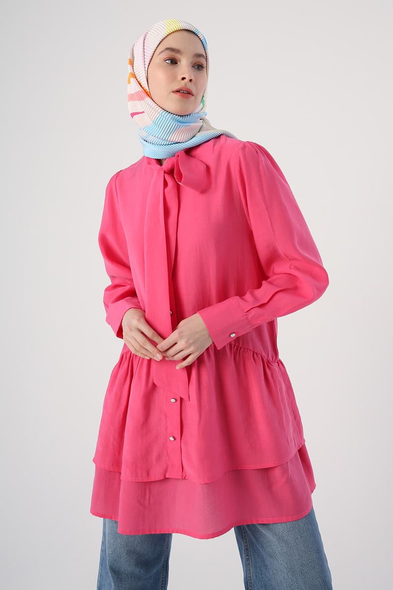 Scarf Collar Frilly Buttoned Tunic