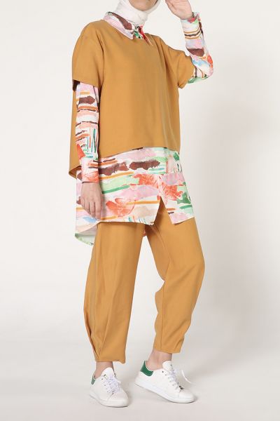 Patterned Blouse Shirt and Pants 3 Pieces Outfit Set