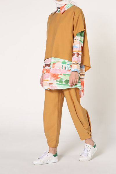 Patterned Blouse Shirt and Pants 3 Pieces Outfit Set