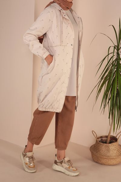 Hooded Patterned Pocket Trench Coat 
