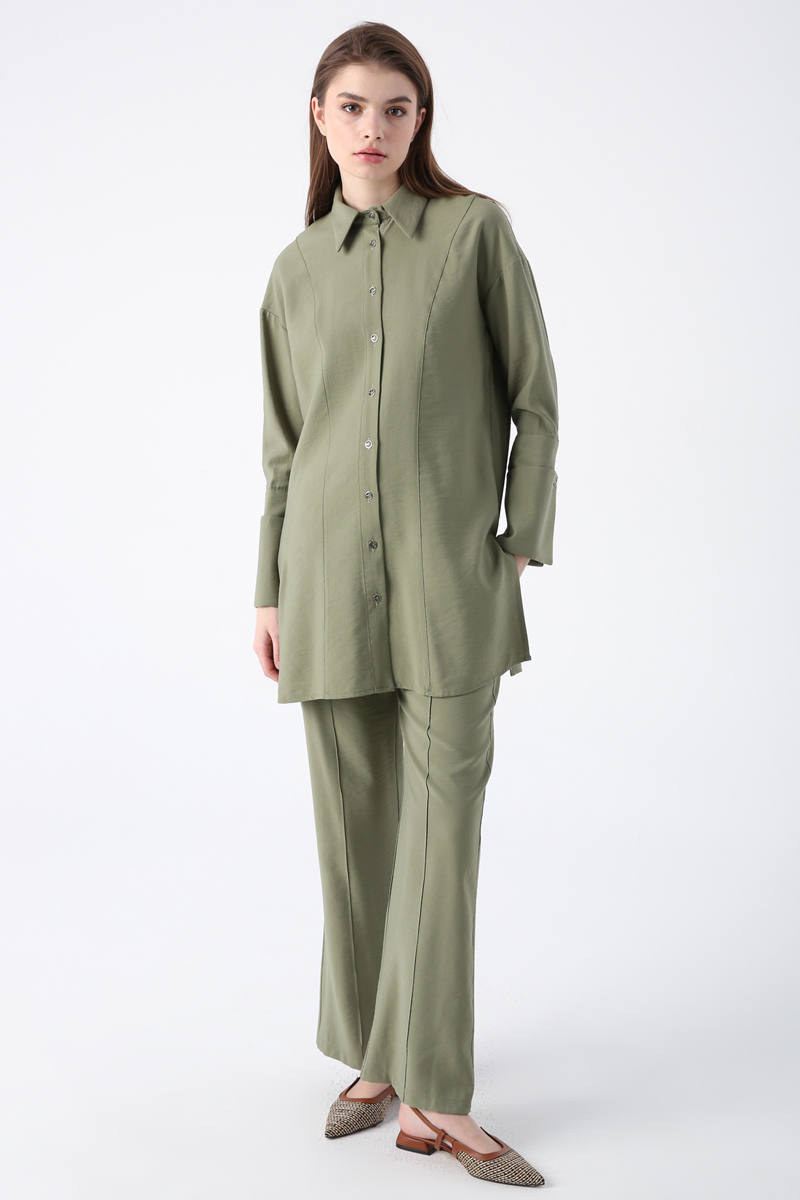 Wide Cuff Ribbed Stitched Viscose Trousers Set