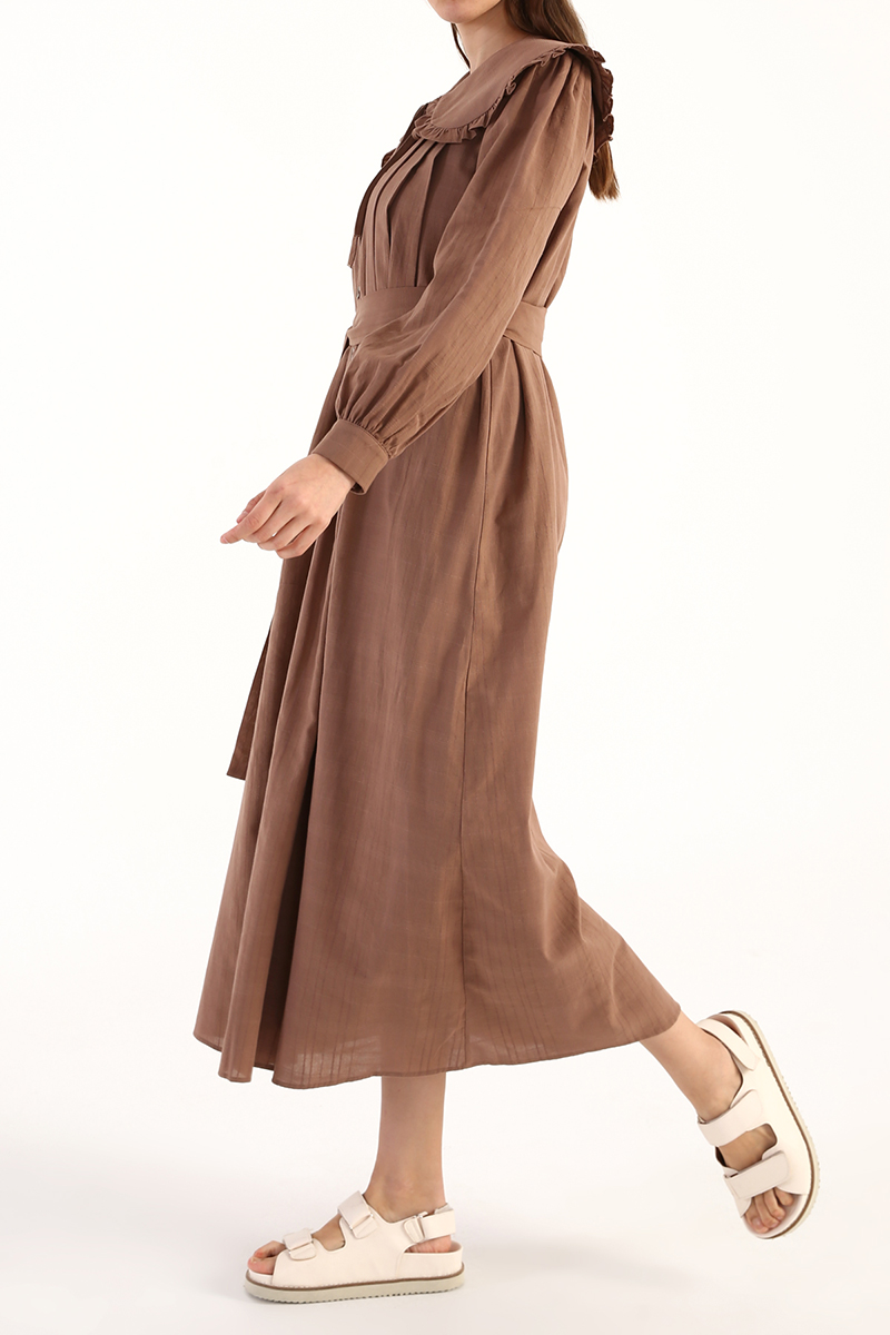 Bow Neck Belted and Buttoned Comfy Dress