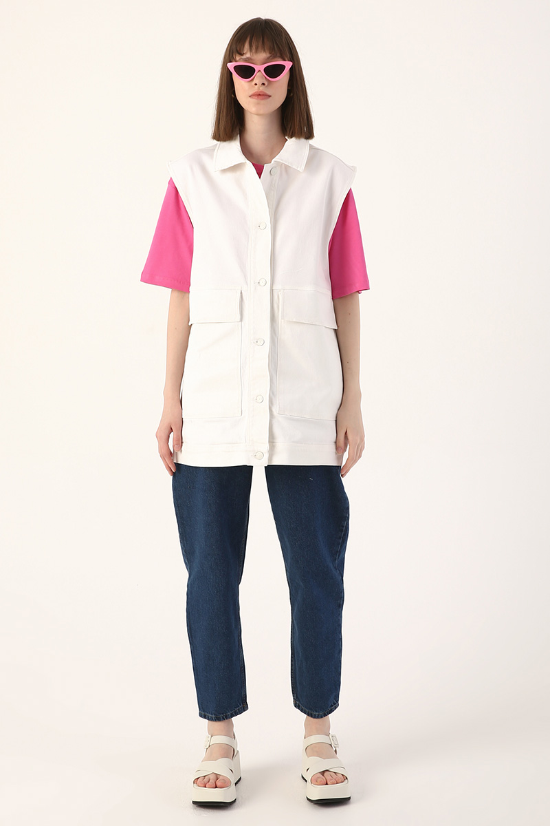 Shirt Collar Long Pocket Jean Vest