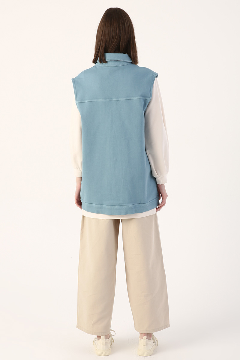 Shirt Collar Long Pocket Jean Vest
