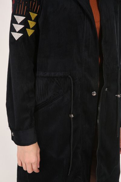 Sleeve Detailed Hooded Velvet Trenchcoat