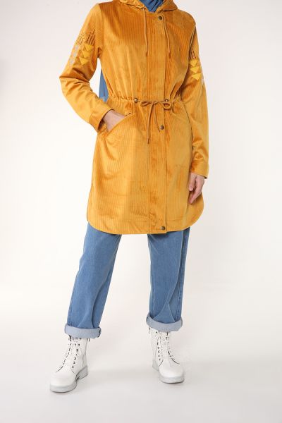 Sleeve Detailed Hooded Velvet Trenchcoat