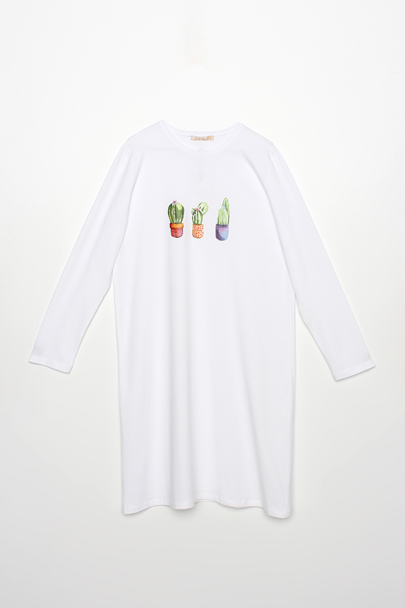 Kaktüs Baskılı Uzun Kollu T-Shirt Tunik
