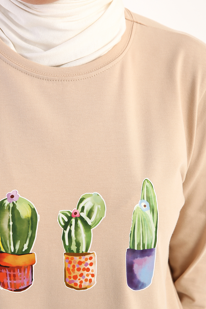 Cactus Printed Long Sleeve T-shirt Tunic