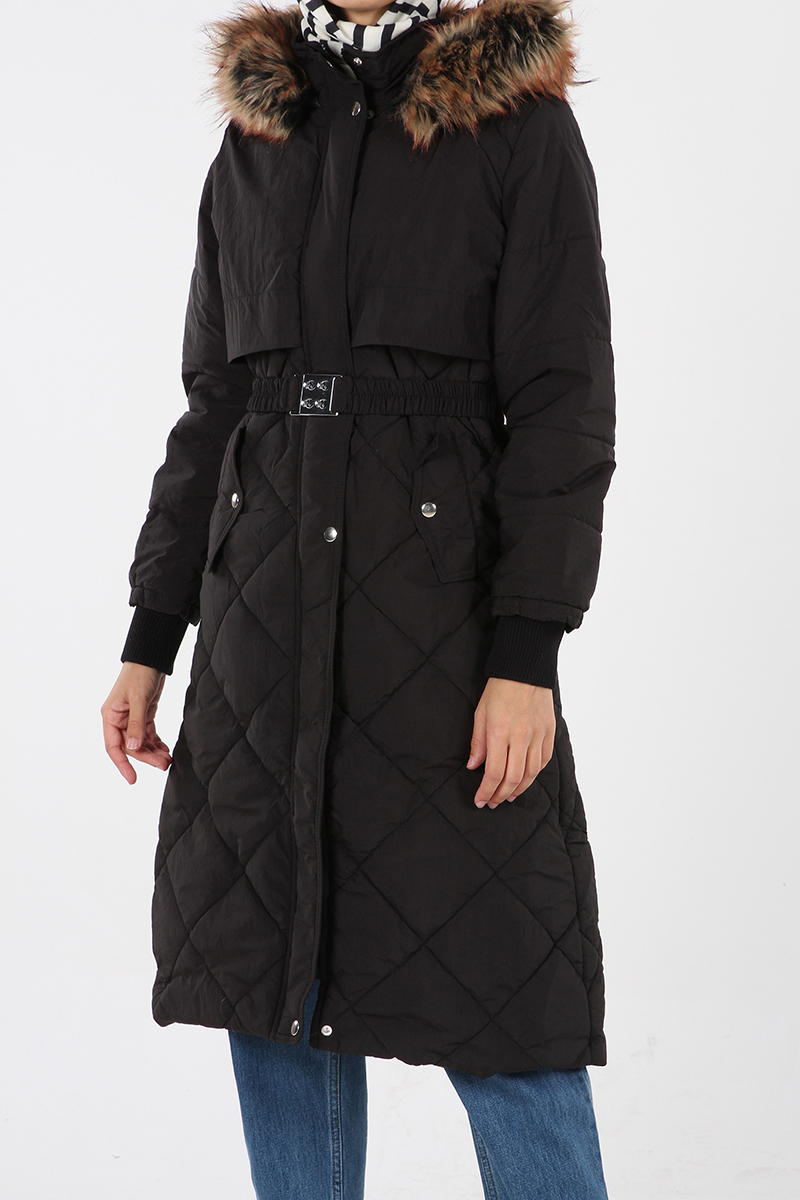 Hooded Fur Detail Belted Coat