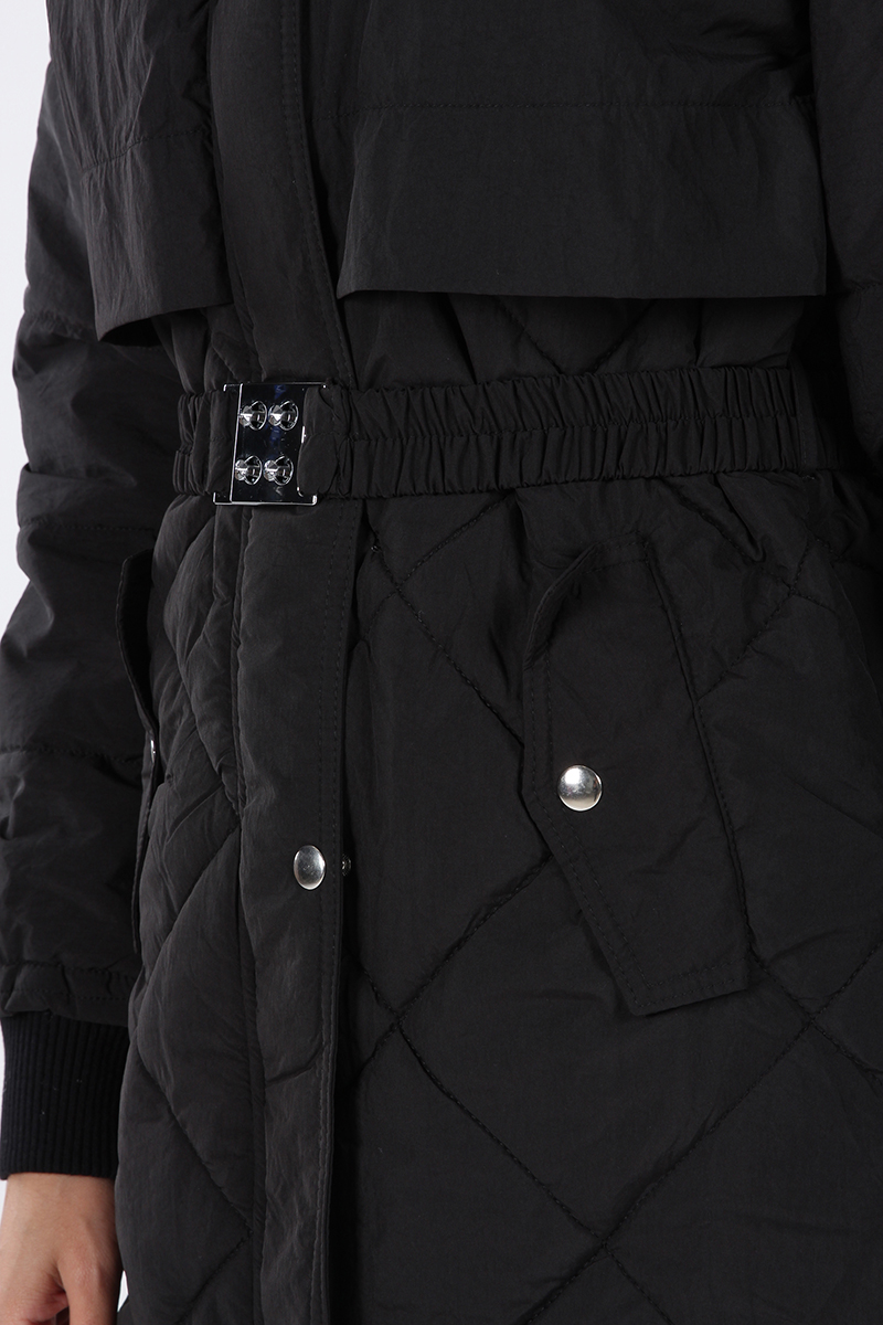 Hooded Fur Detail Belted Coat