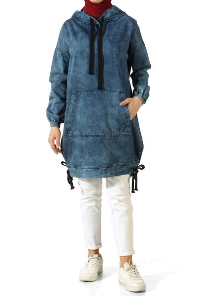 Hooded Denim Tunic With Pocket