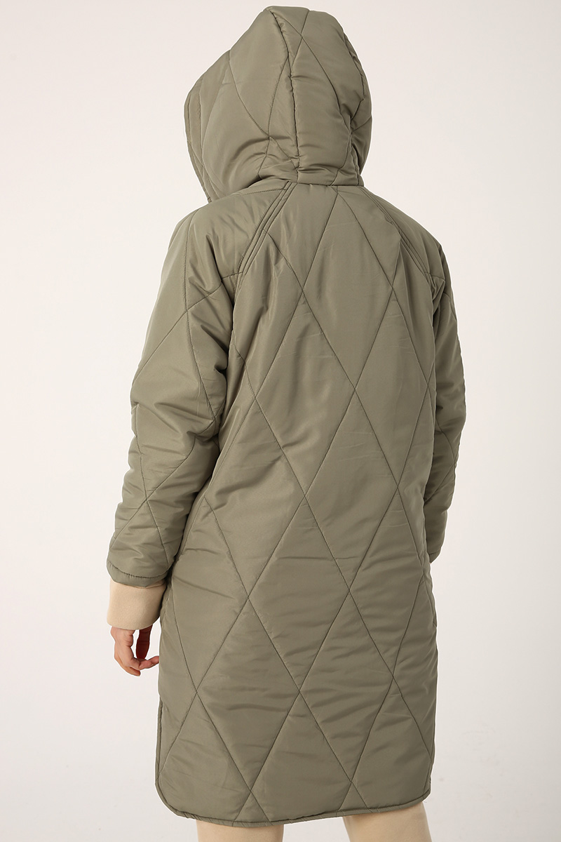 Snap Button Front Quilted Hooded Coat