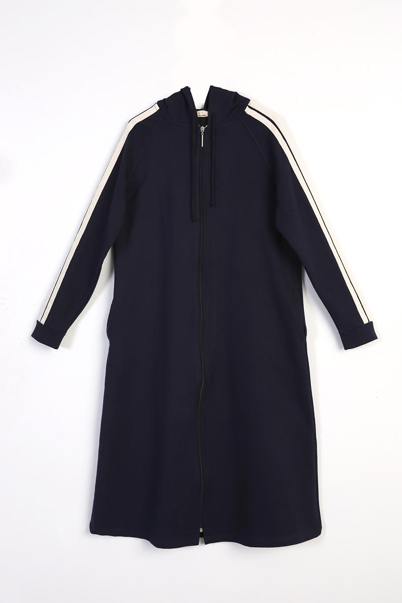 Sleeve Detailed Zipper Front Hooded Long Cardigan