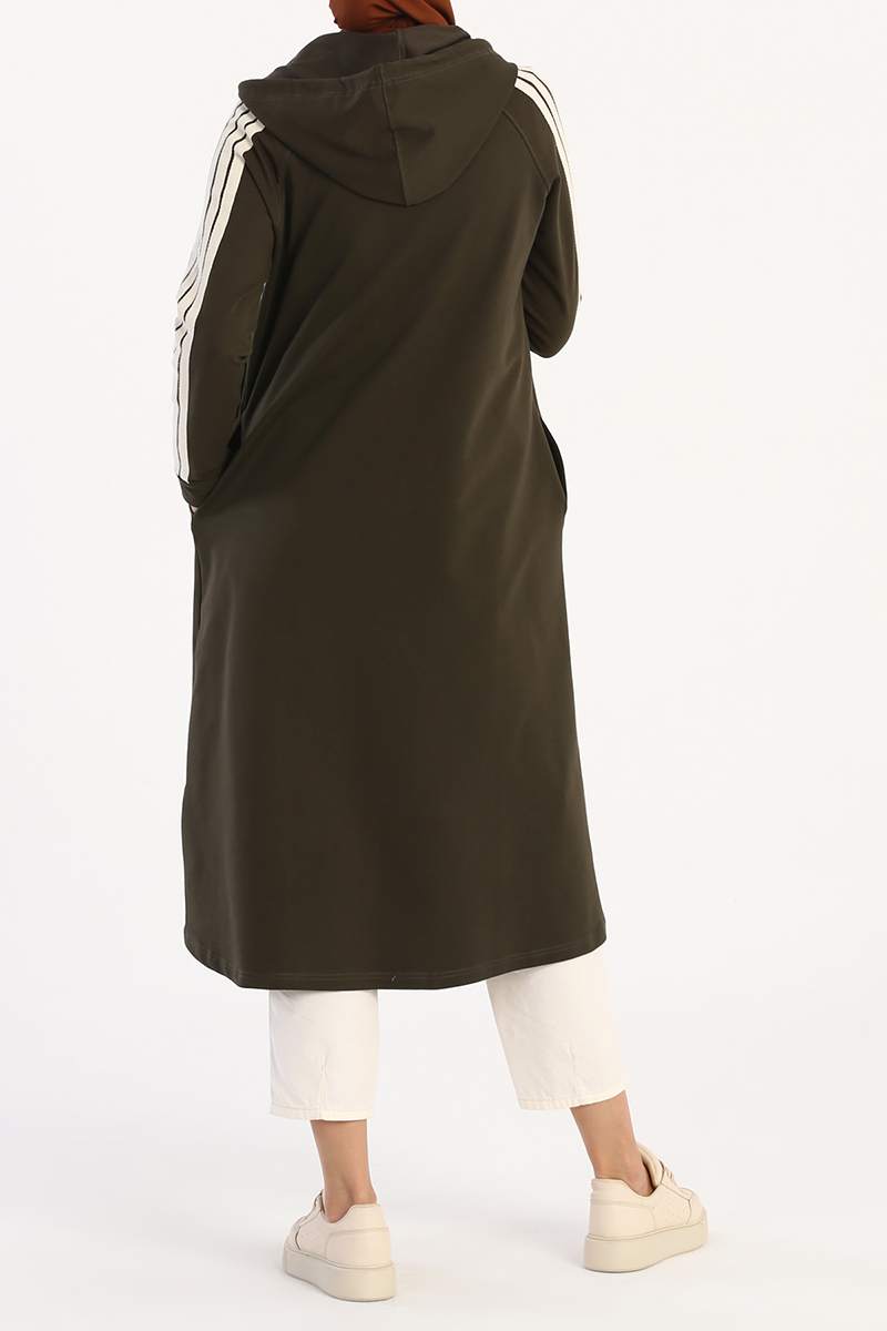 Sleeve Detailed Zipper Front Hooded Long Cardigan