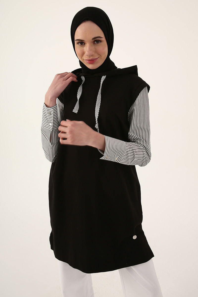 Sleeve Detailed Hooded Combed Cotton Tunic