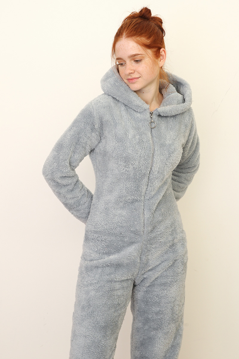 Zippered Hooded Plush Jumpsuit
