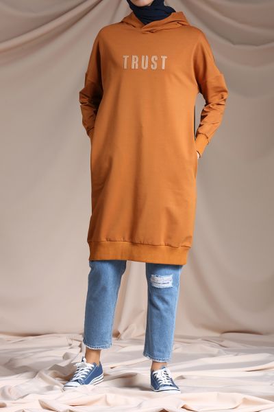 Hooded Pocket T-Sleeve Printed Sweatshirt Tunic