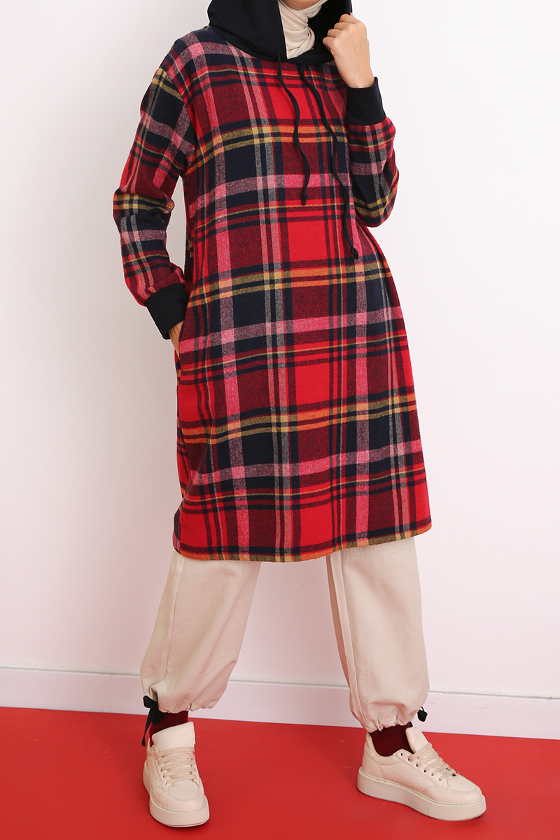 Lace Detailed Plaid Hooded Tunic