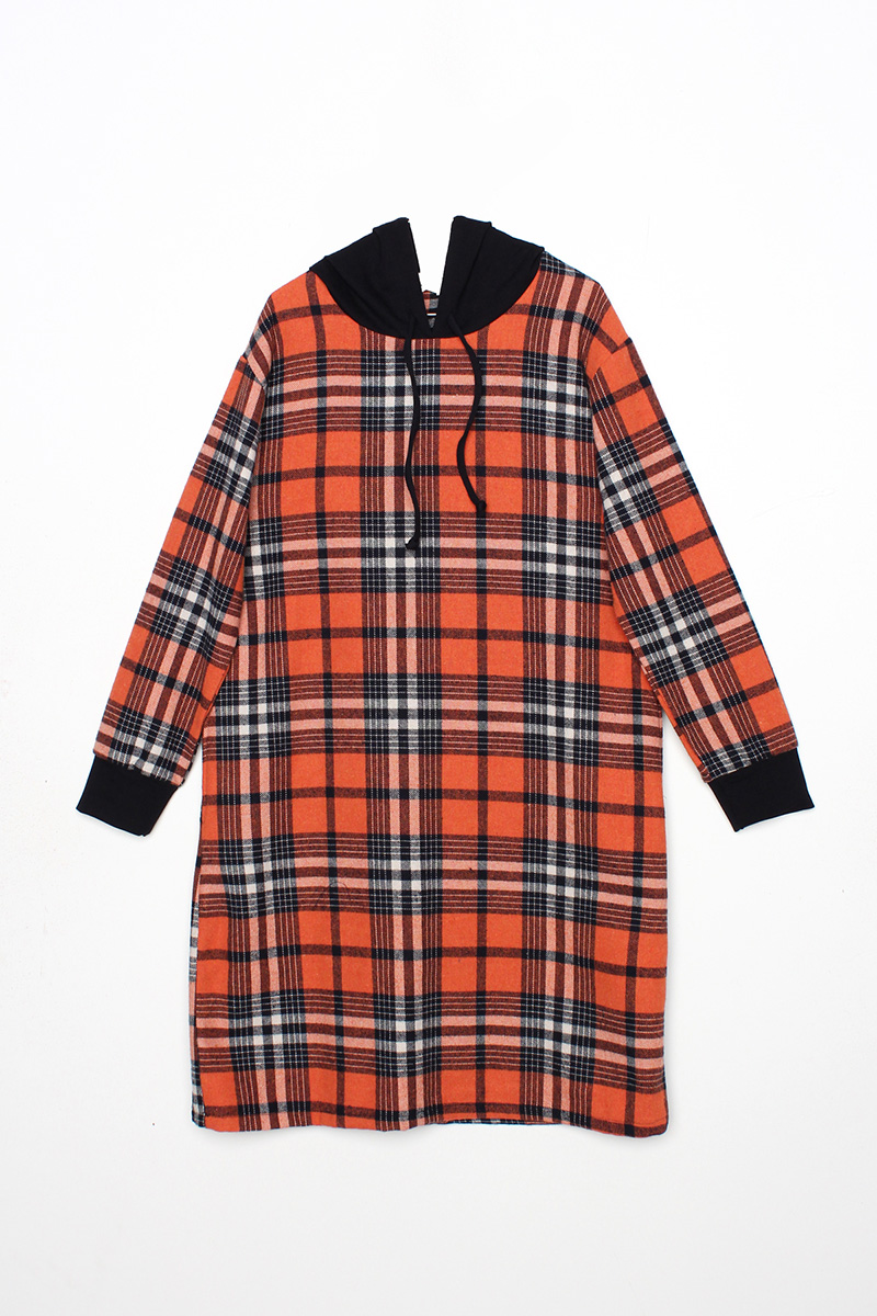 Lace Detailed Plaid Hooded Tunic