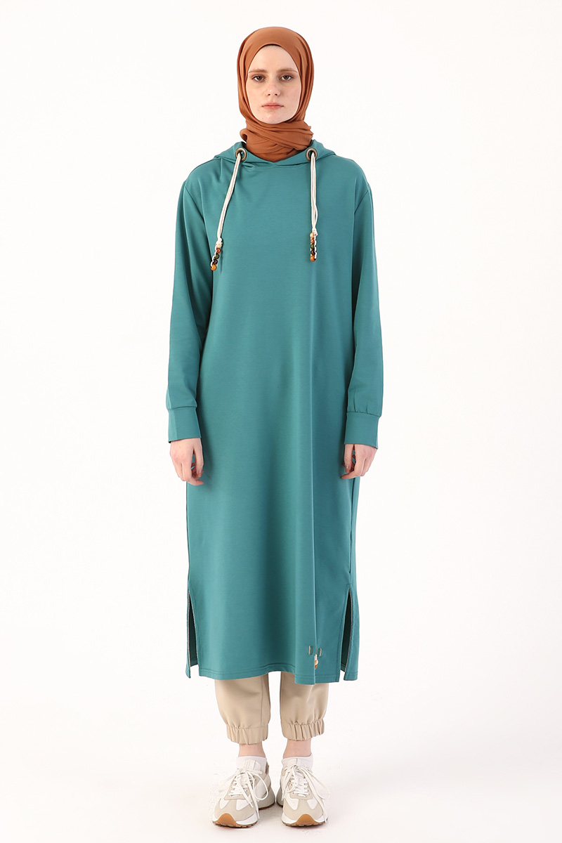 Beaded Drawcord Detail Hooded Long Tunic