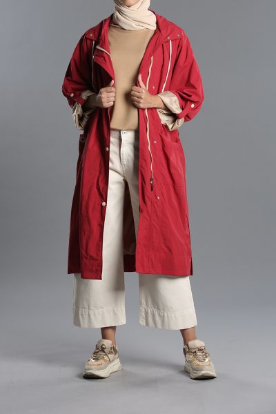 Belted Snap Button Zippered Raincoat