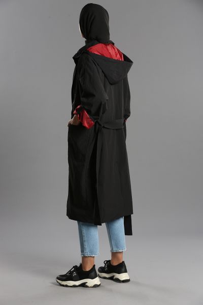 Belted Snap Button Zippered Raincoat