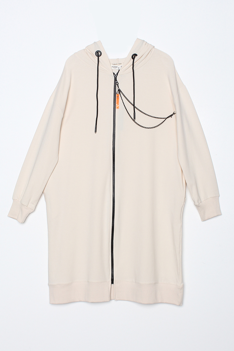 Hooded Chain Detail Zippered Sweat Cardigan
