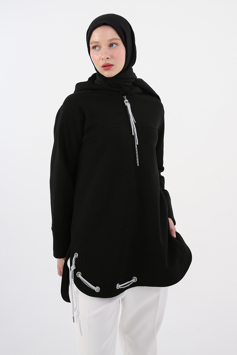 Hooded Sweat Tunic with Chain and Glitter Detail