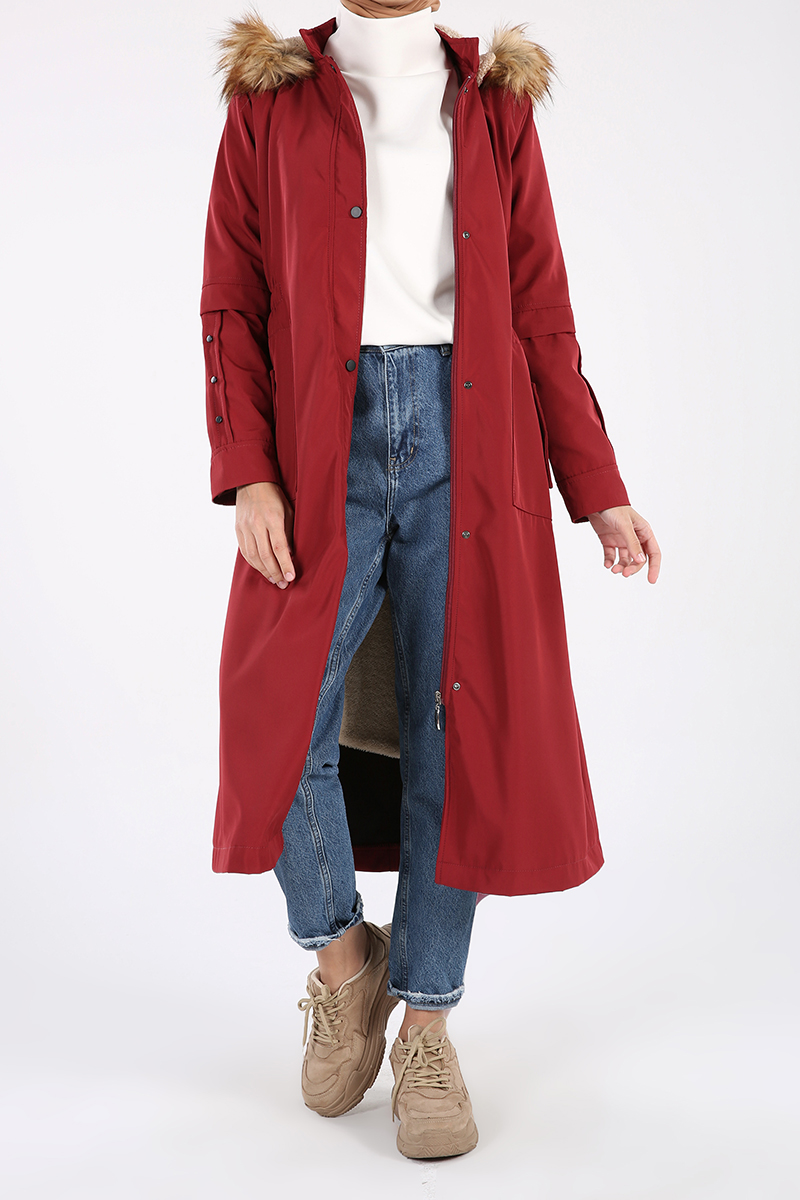 Hooded Furry Detail Snap Button Pocket Coat