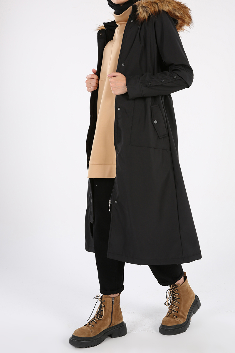 Hooded Furry Detail Snap Button Pocket Coat