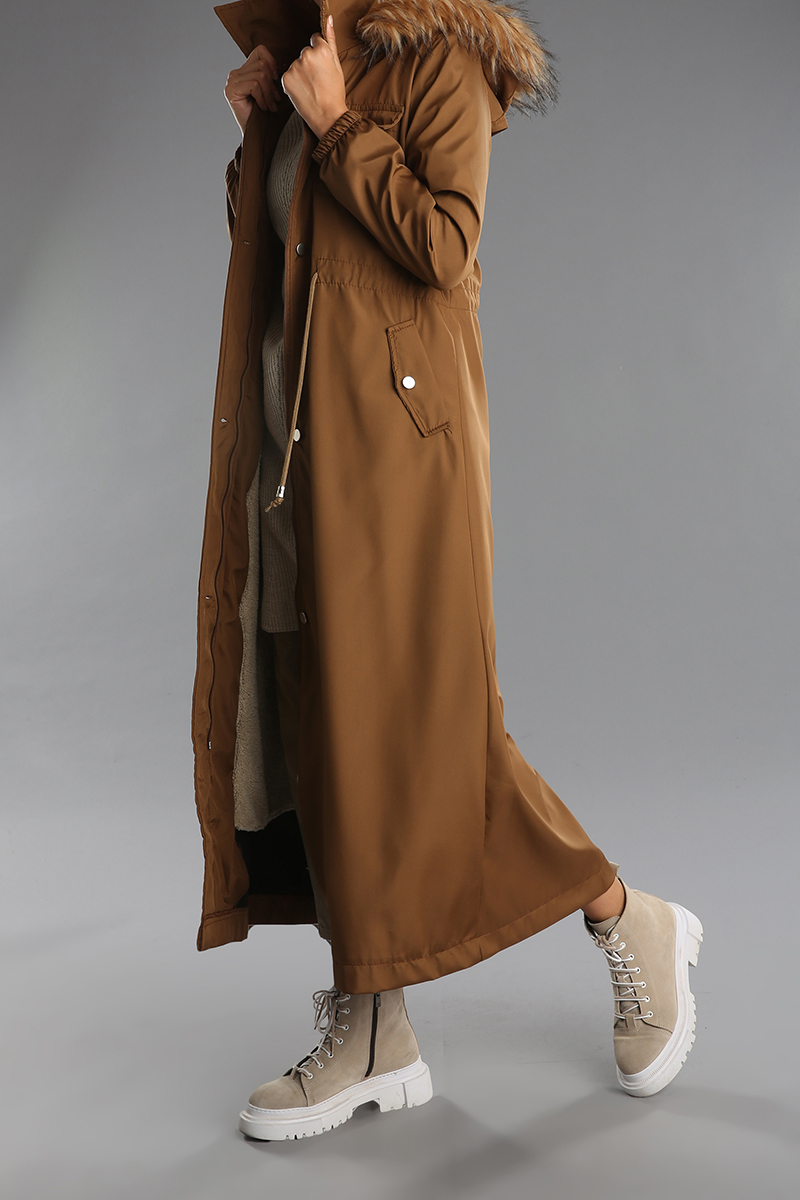 Hooded Furry Buttoned Pocket Coat