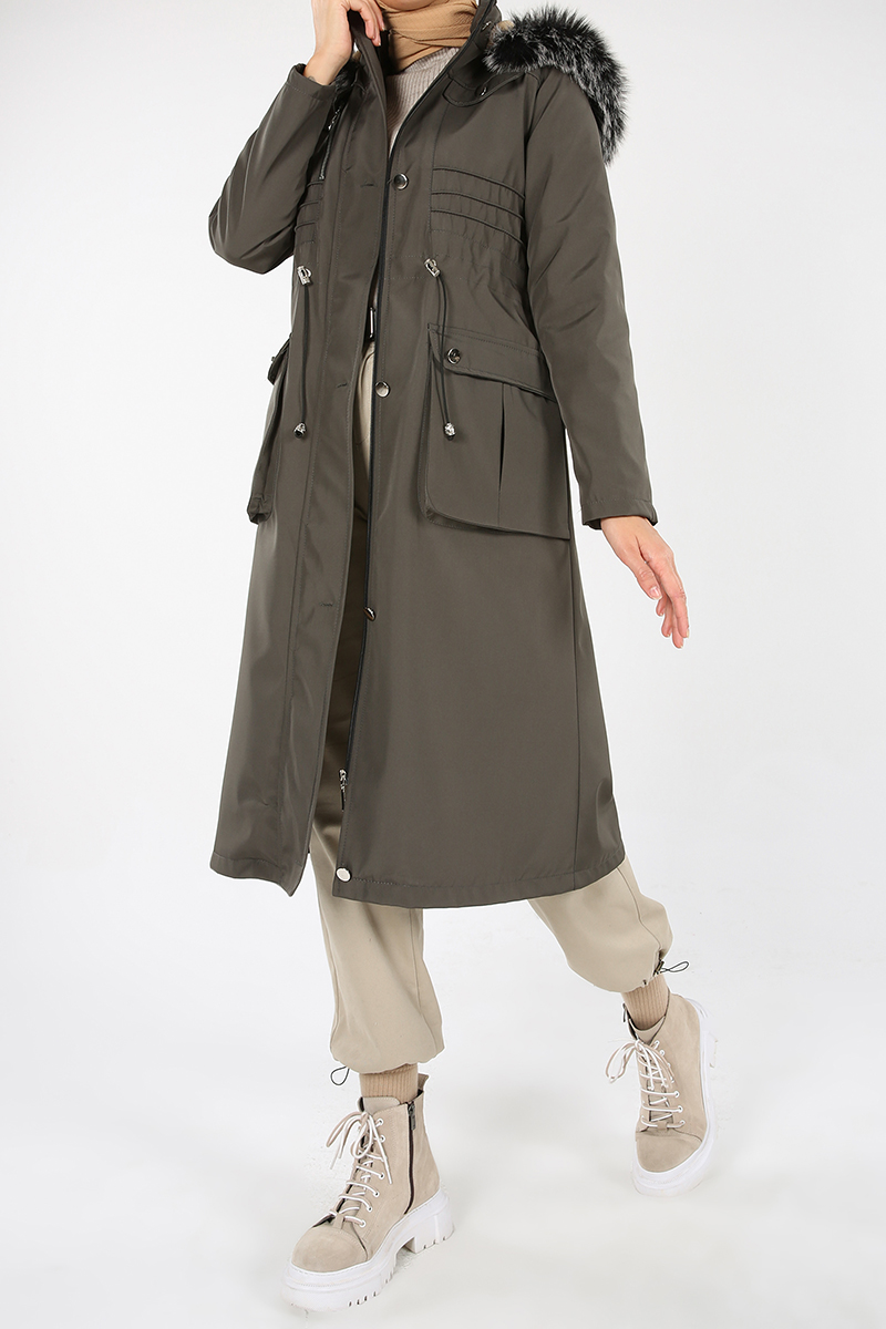 Hooded Furry Zippered Buttoned Coat