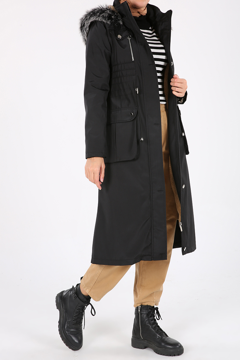 Hooded Furry Zippered Buttoned Coat