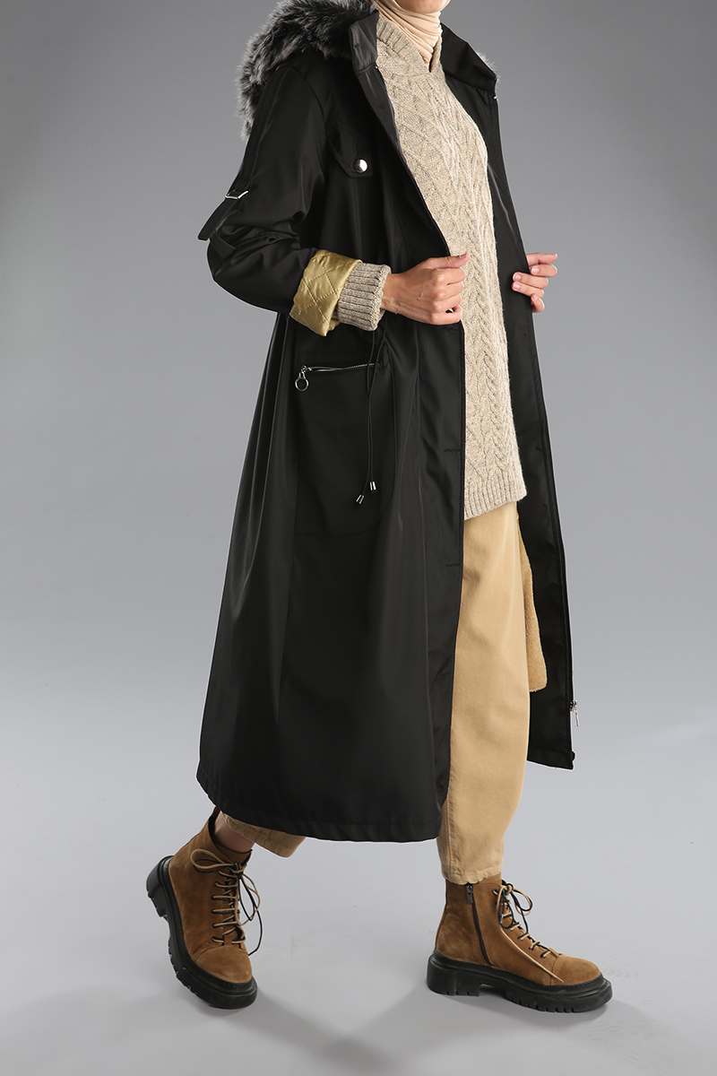 Elastic Waist Hooded Fur Detail Coat