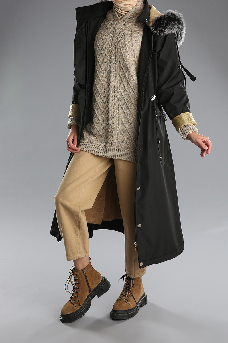 Elastic Waist Hooded Fur Detail Coat