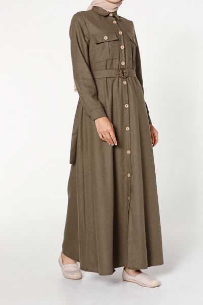 Kemerli Düğmeli Doğal Kumaş Elbise