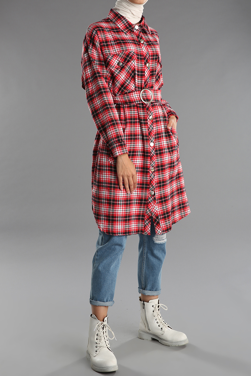 Belted Buttoned Pocket Plaid Shirt Tunic