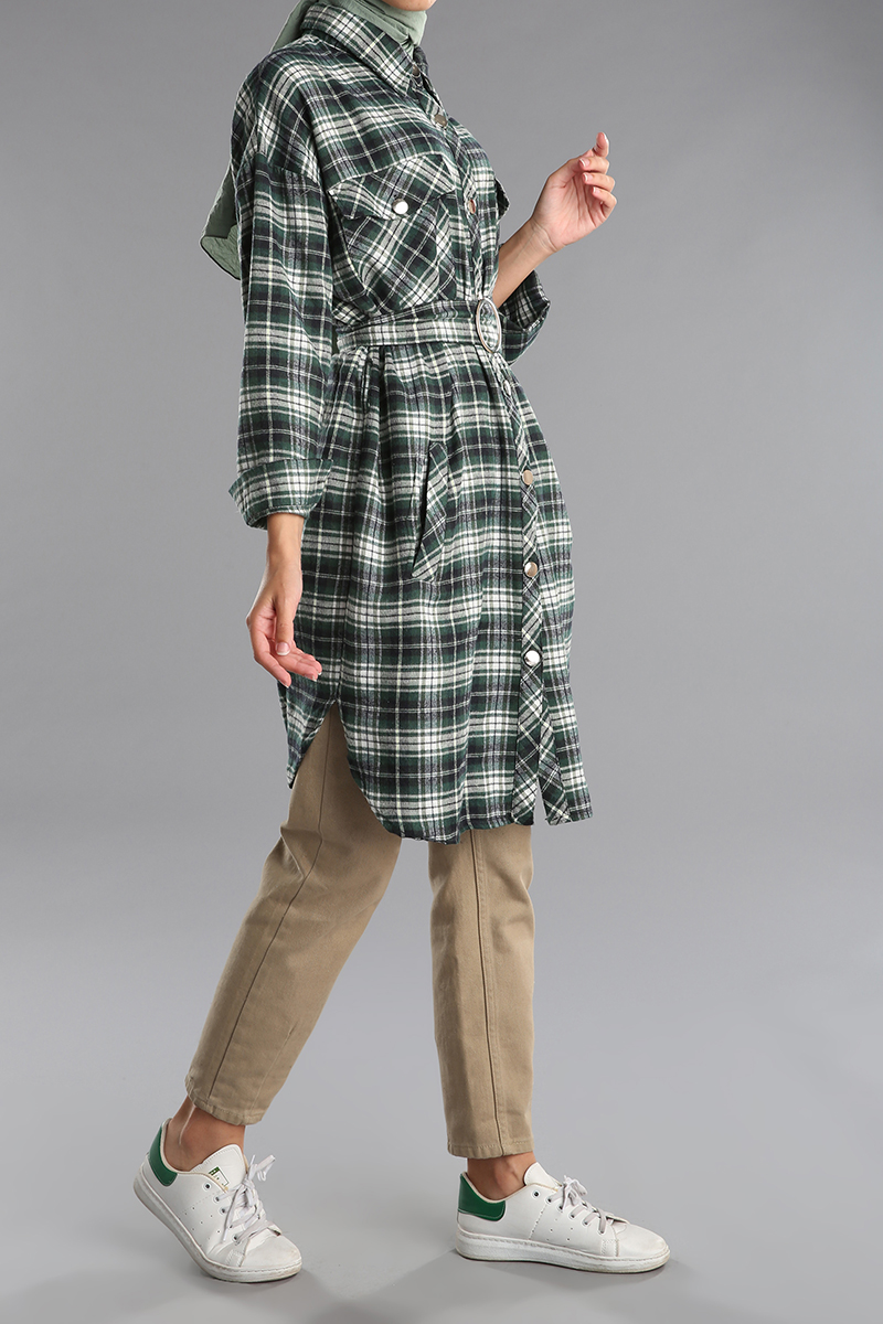 Belted Buttoned Pocket Plaid Shirt Tunic